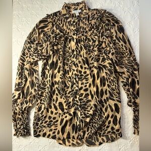 Topshop US 6 EUC Semi sheer Ruffle neck 
Leopard Top